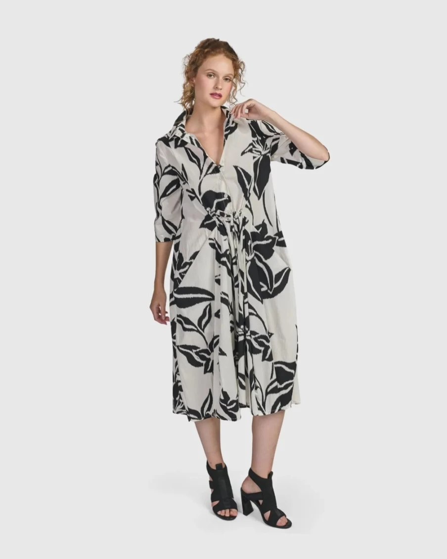 ALEMBIKA Women's Botanica Business Dress - Elegant Lilly Print Professional Attire