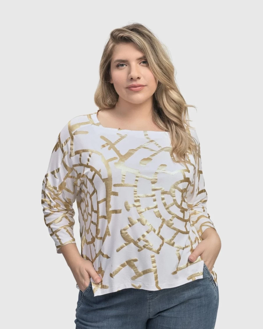 ALEMBIKA Women's Gold Hypnotic Cutaway Boxy Top - Stylish & Unique Blouse