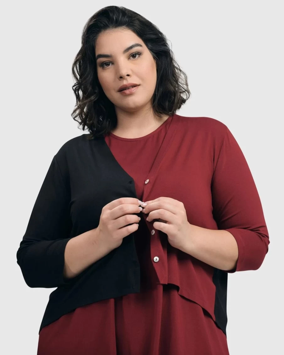 ALEMBIKA Women's Plum Essential 2-Tone Crop Cardigan - Soft Knit Comfort Fit