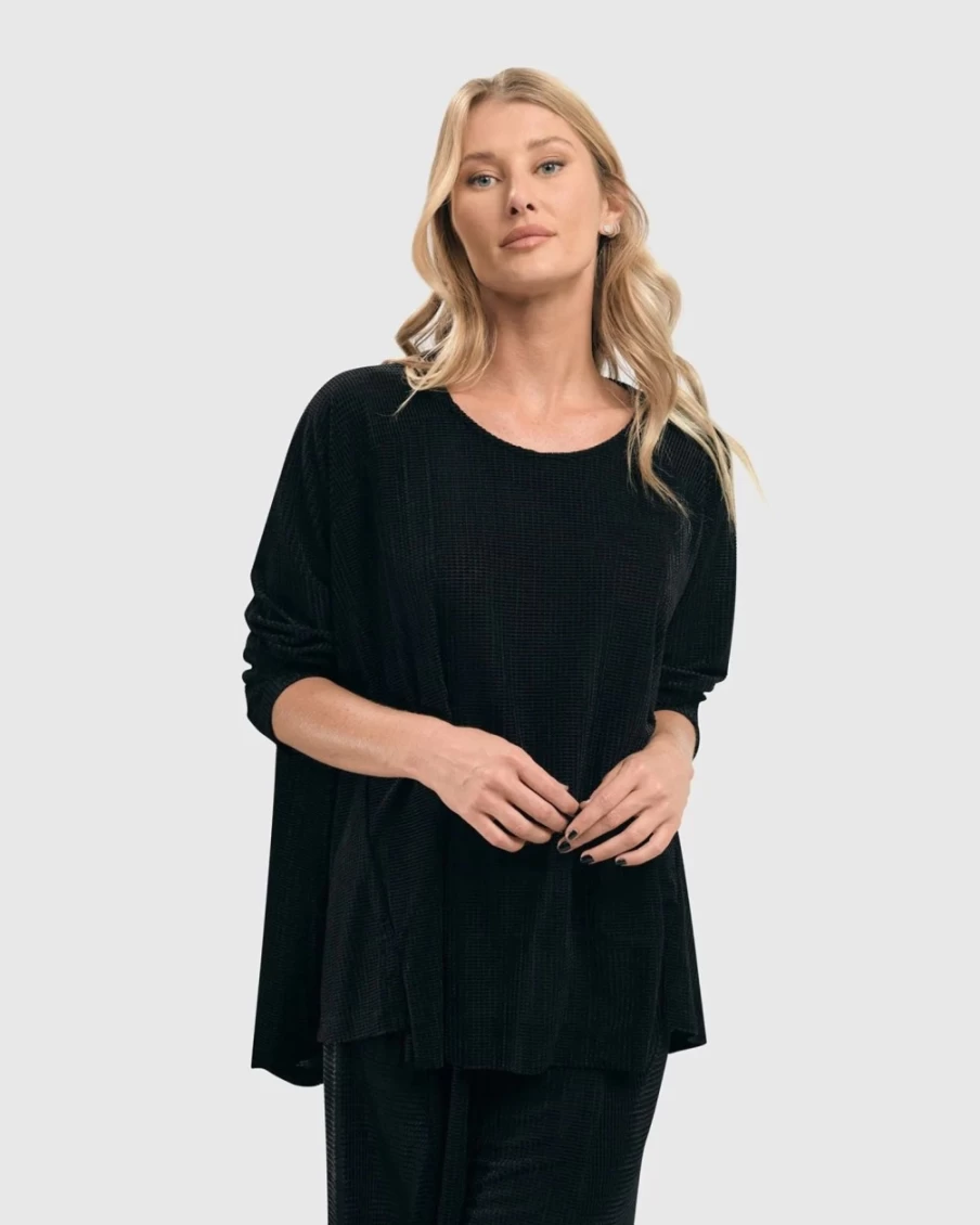 ALEMBIKA Women's Black Grid Draped Trapeze Top - Stylish Casual Blouse