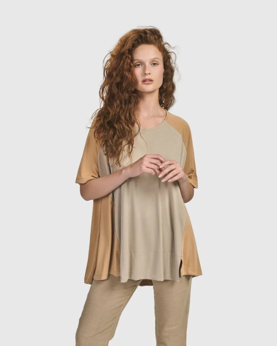 ALEMBIKA Women's Tan Oasis Colorblock Trapeze Top - Stylish Casual Blouse