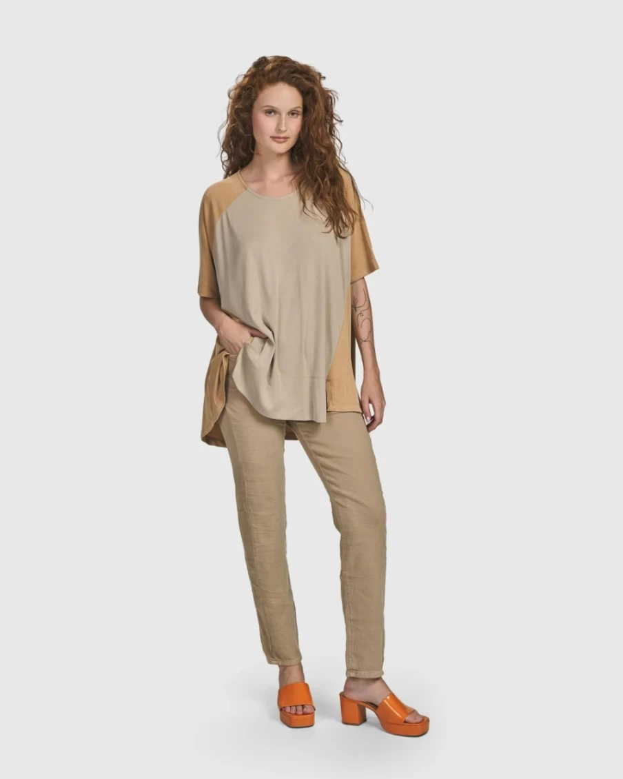 ALEMBIKA Women's Tan Oasis Colorblock Trapeze Top - Stylish Casual Blouse