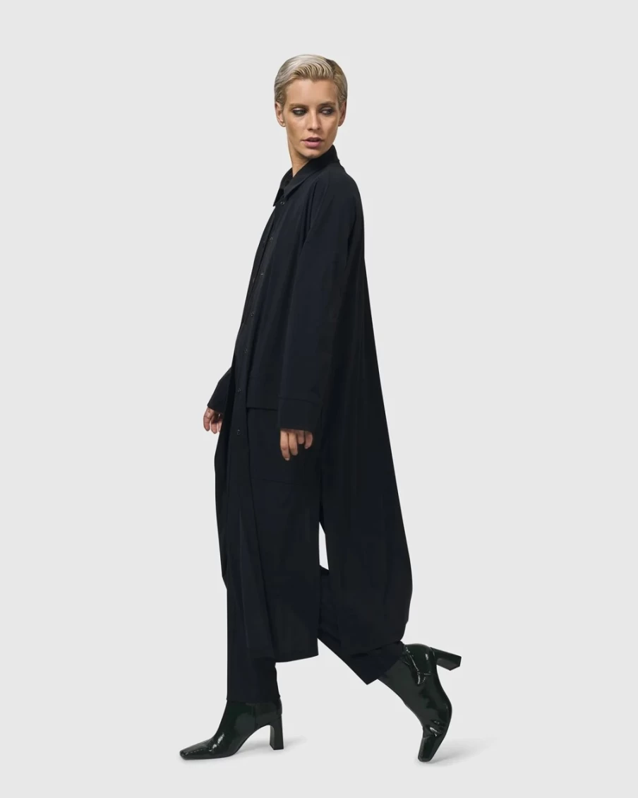 "ALEMBIKA Women's Matrix Duster Coat in Black – Stylish Long Outerwear"