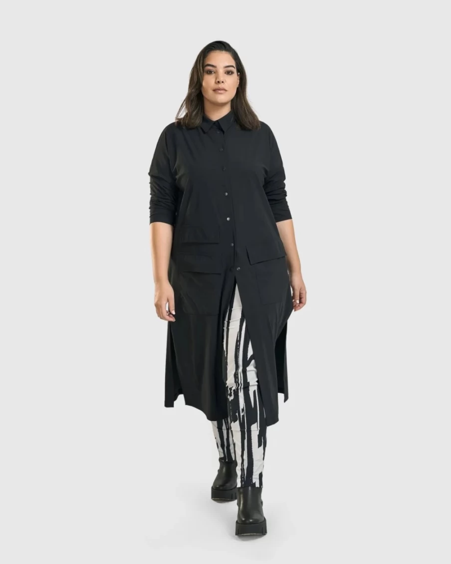 "ALEMBIKA Women's Matrix Duster Coat in Black – Stylish Long Outerwear"