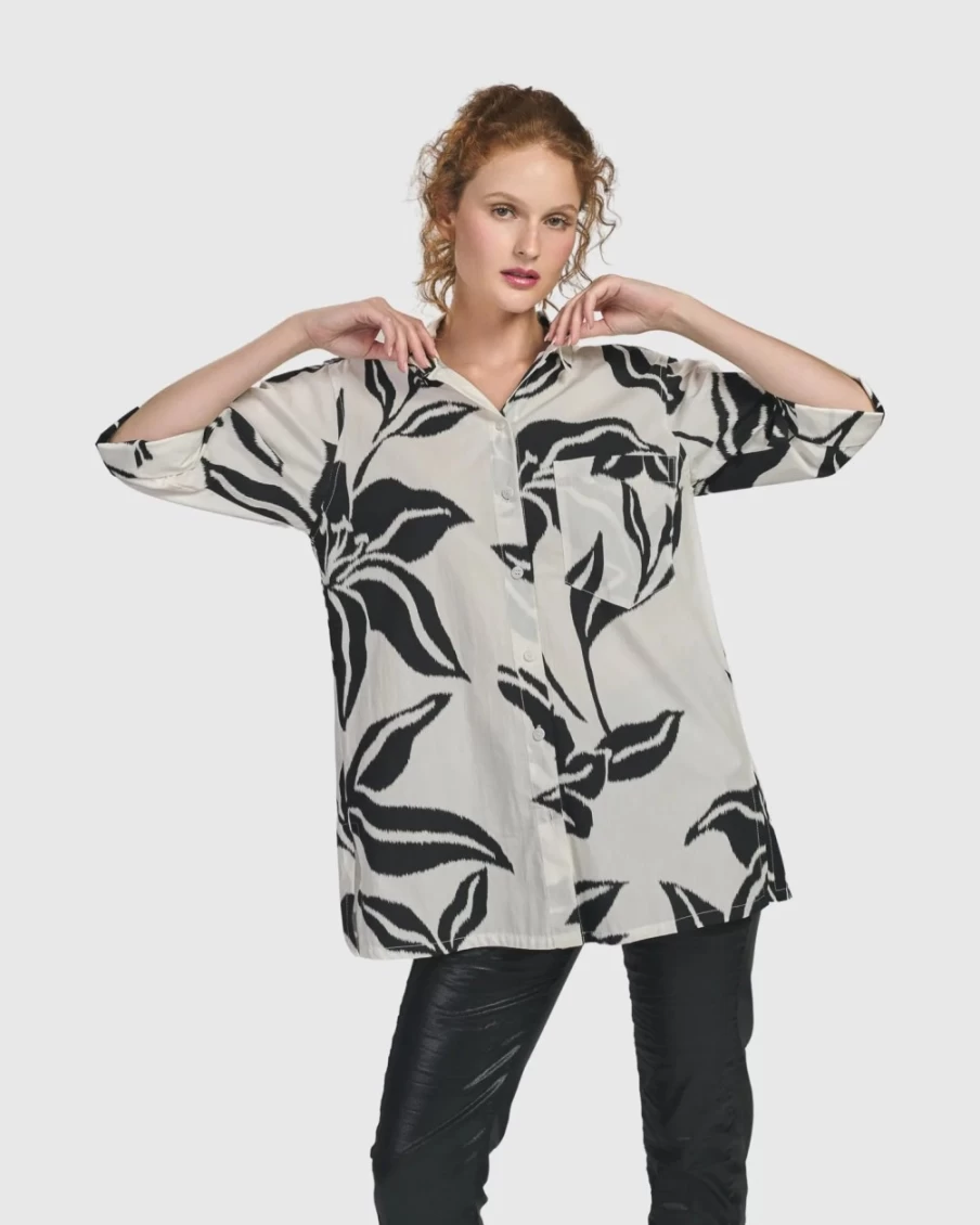 ALEMBIKA Women's Botanica Button Down Shirt with Lilly Print - Stylish Floral Blouse for Women