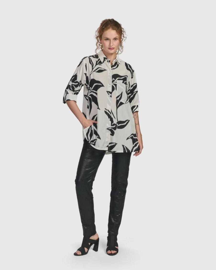 ALEMBIKA Women's Botanica Button Down Shirt with Lilly Print - Stylish Floral Blouse for Women
