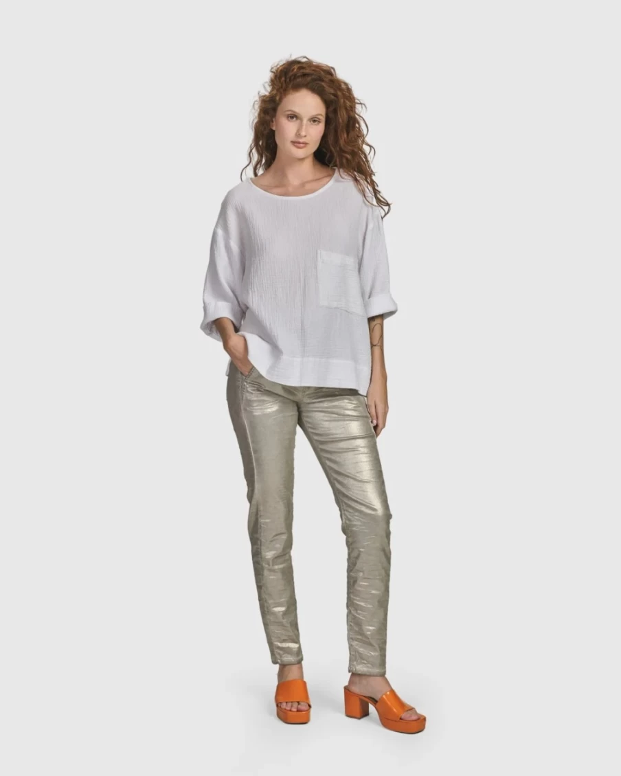 ALEMBIKA Women's Iconic Stretch Jeans with Metallic Luster - High Waist Slim Fit Denim Pants