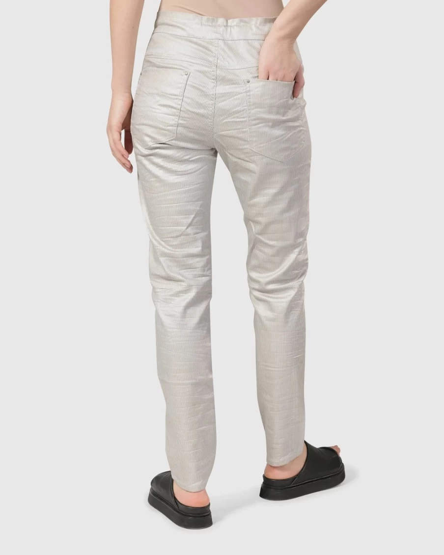 ALEMBIKA Women's Pinstripe Stretch Jeans in Pearl White - Iconic Slim Fit Denim