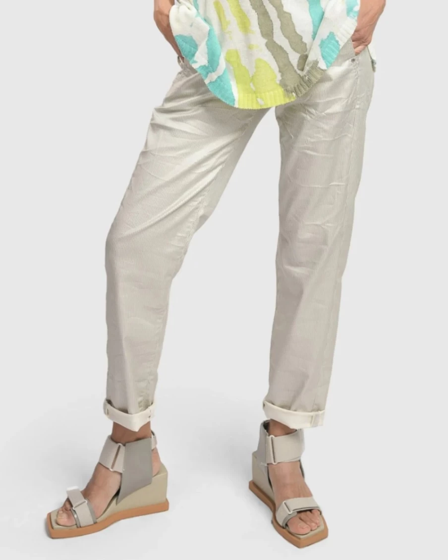 ALEMBIKA Women's Pinstripe Stretch Jeans in Pearl White - Iconic Slim Fit Denim
