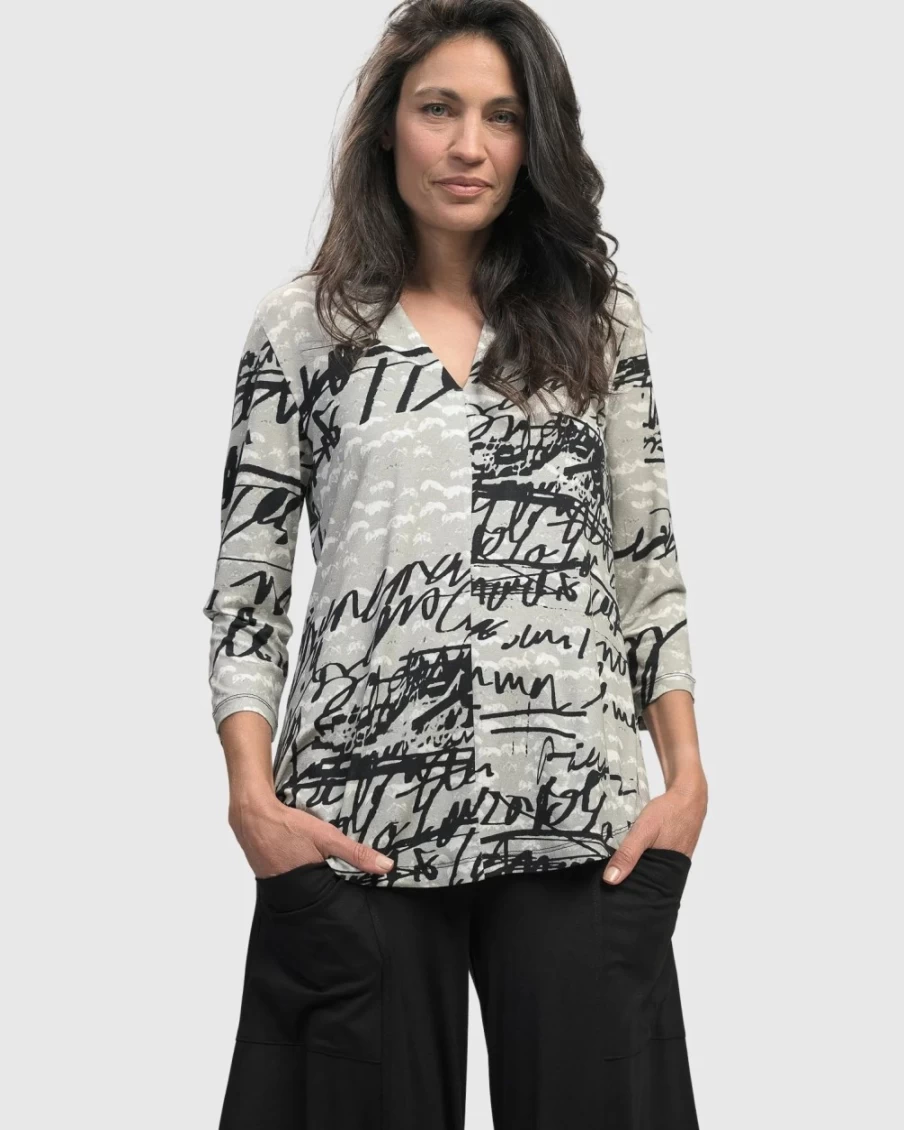 ALEMBIKA Women's Flirty V-Neck Script Signature Top for Stylish Outfits