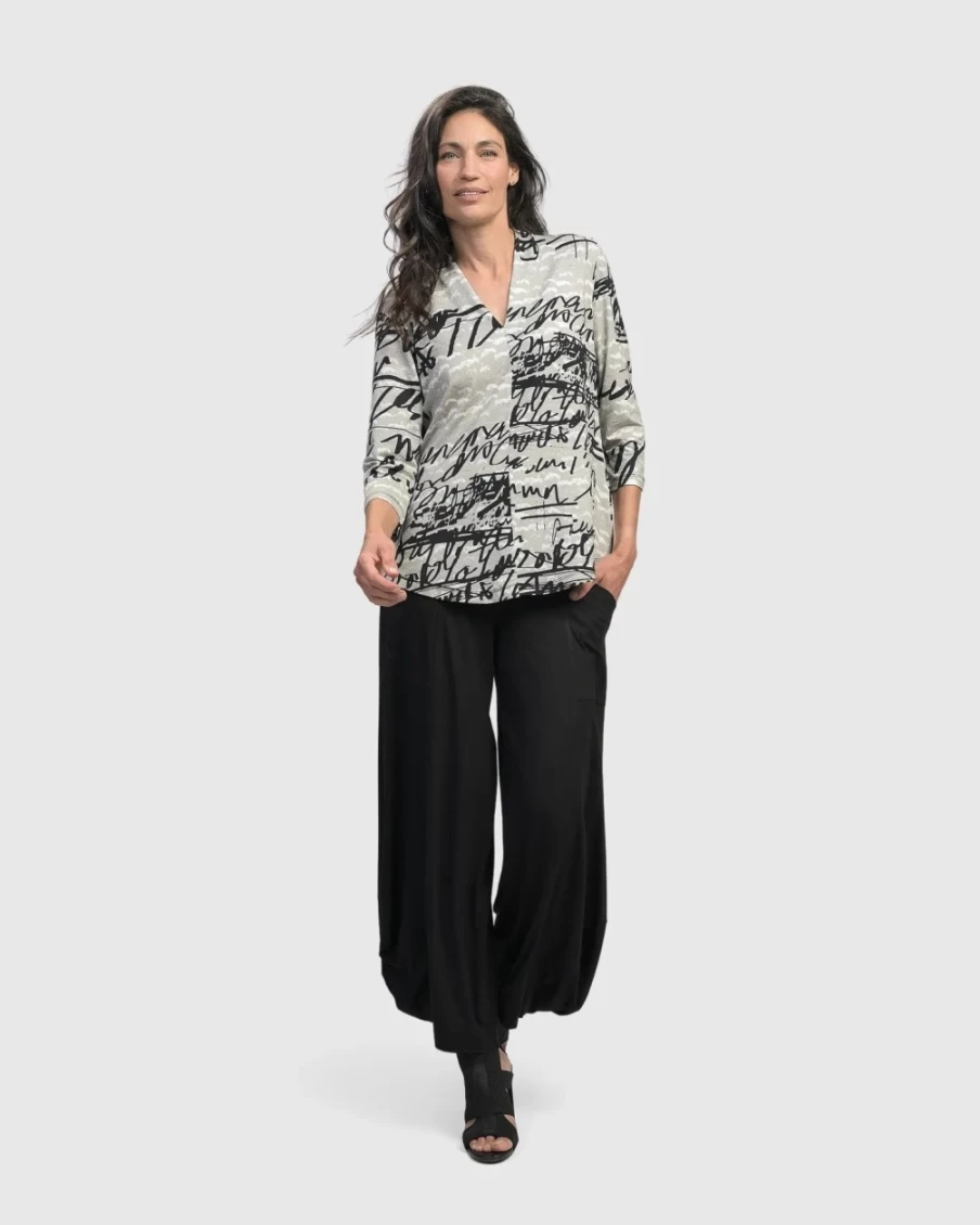 ALEMBIKA Women's Flirty V-Neck Script Signature Top for Stylish Outfits