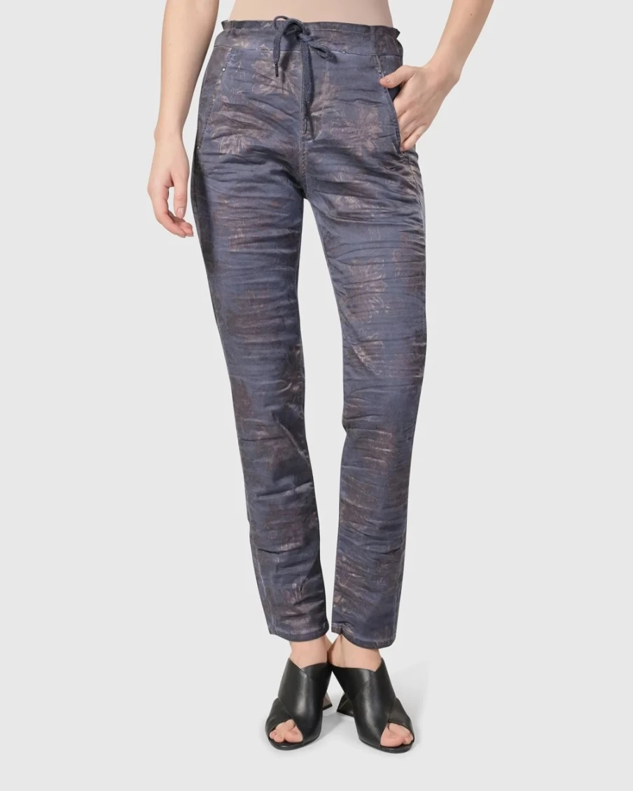 ALEMBIKA Women's Floral Stretch Jeans in Rust & Blue - Iconic High Waist Skinny Denim