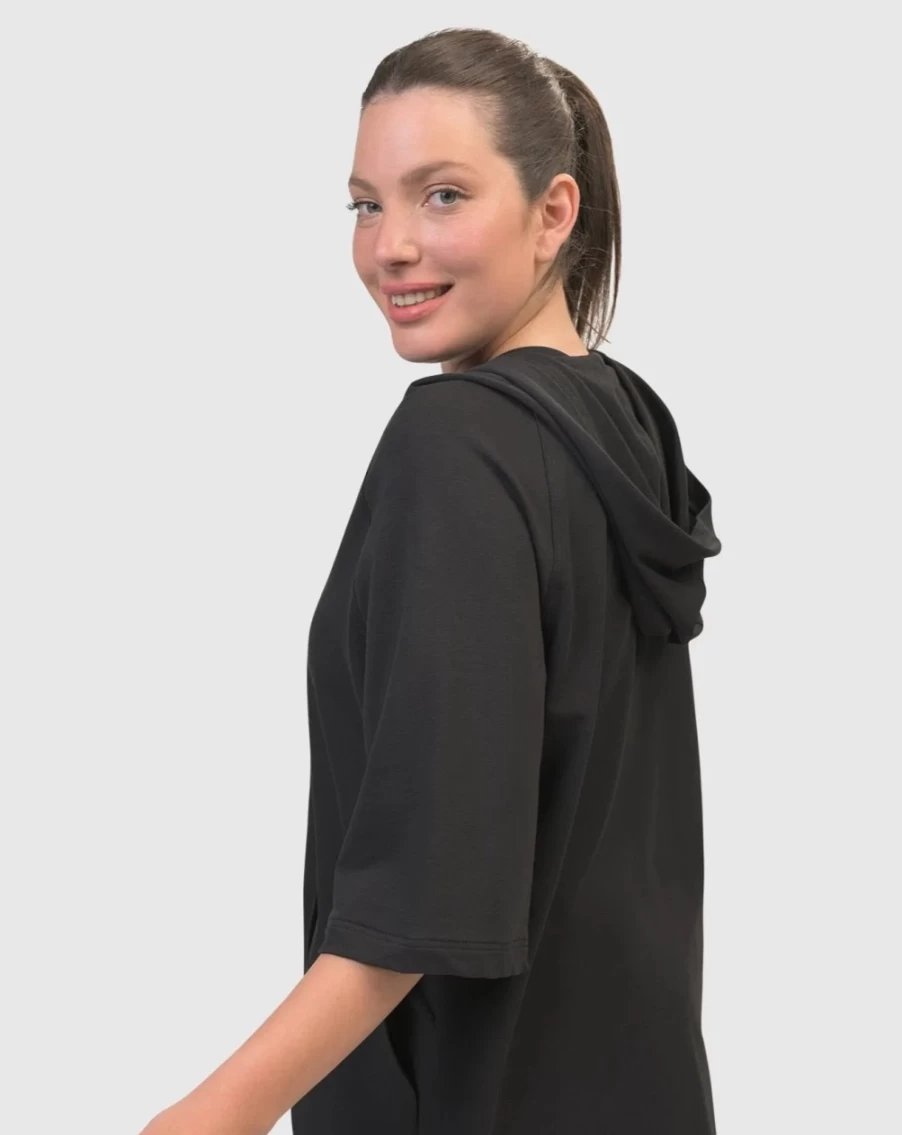 ALEMBIKA Women's Inhale Hooded Hi-Lo Top - Solid Black Long Sleeve Casual Pullover