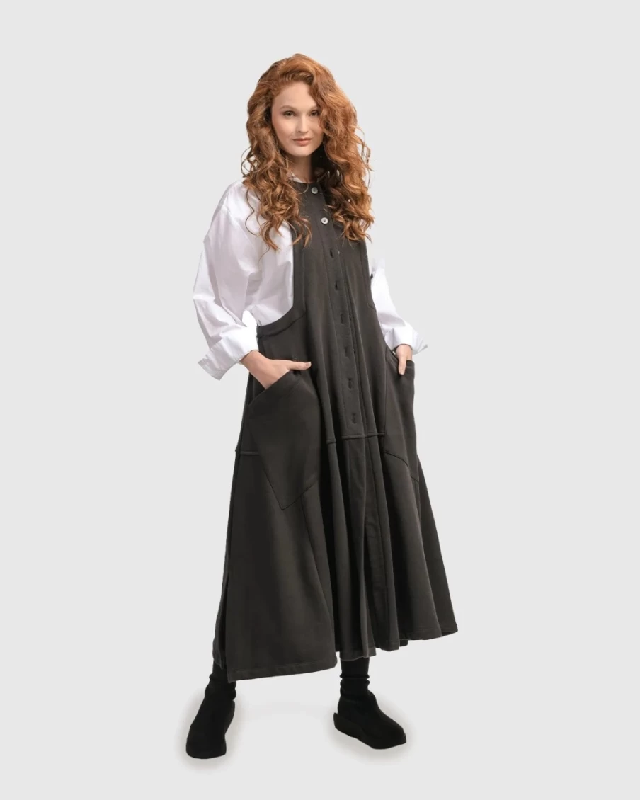 ALEMBIKA Women's Black Urban Button Down Pinafore Dress - Stylish Casual Jumper Dress