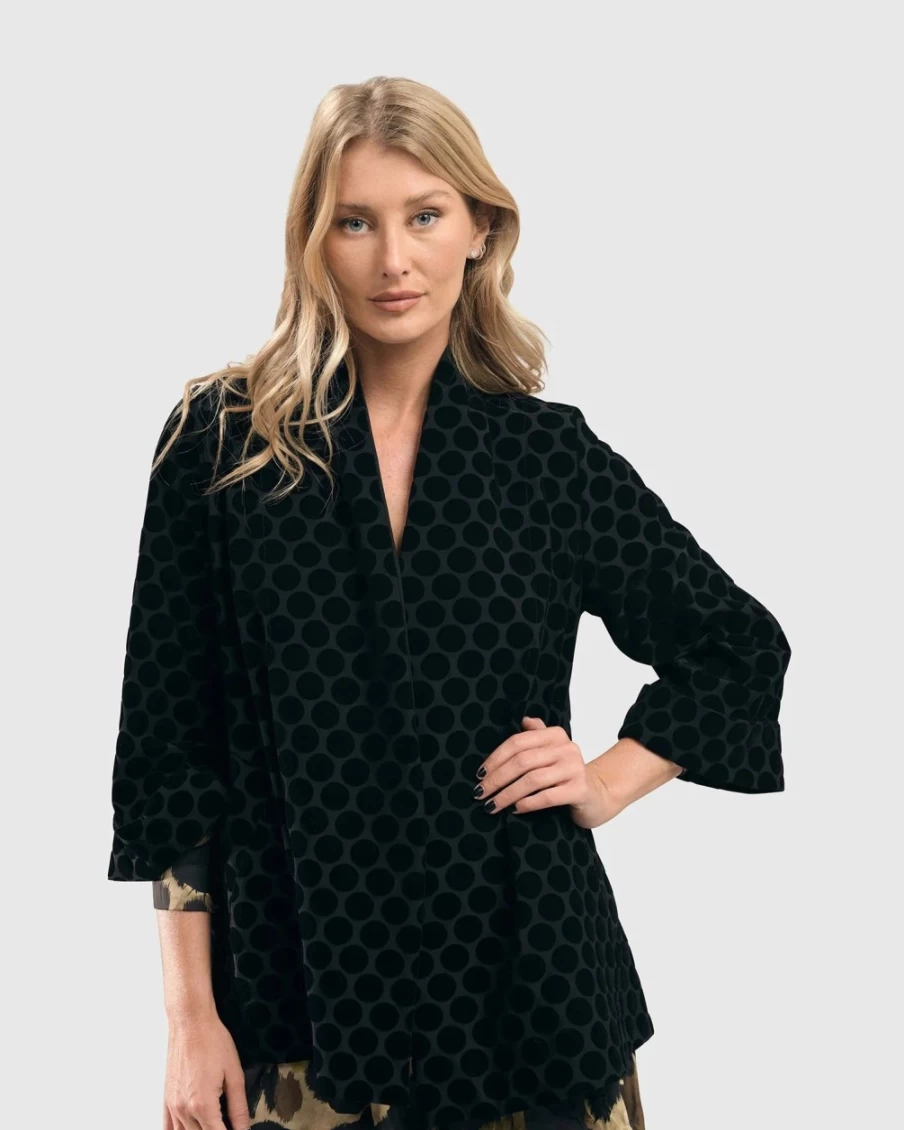 ALEMBIKA Women's Black Dot Flocked Swing Jacket - Stylish & Comfortable Outerwear