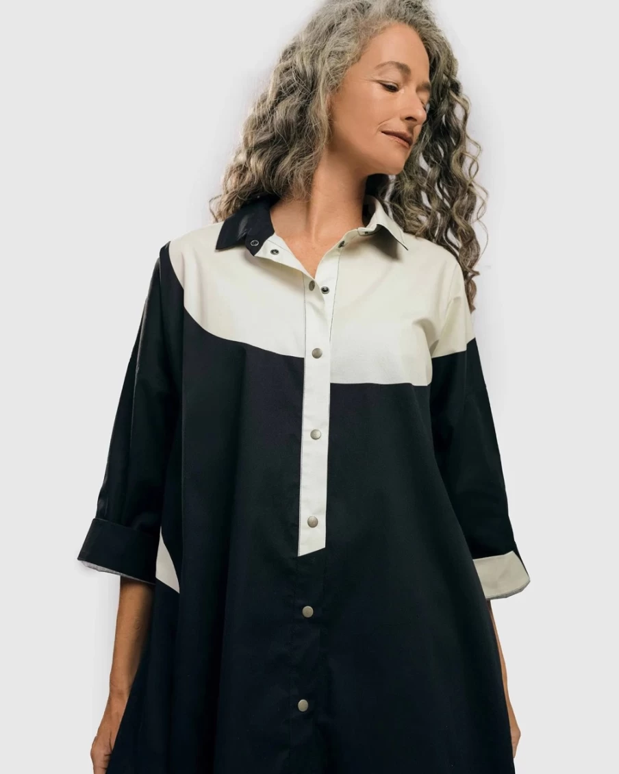 ALEMBIKA Women's Urban Madison Tunic Shirt - Black & White Stylish Blouse for Women