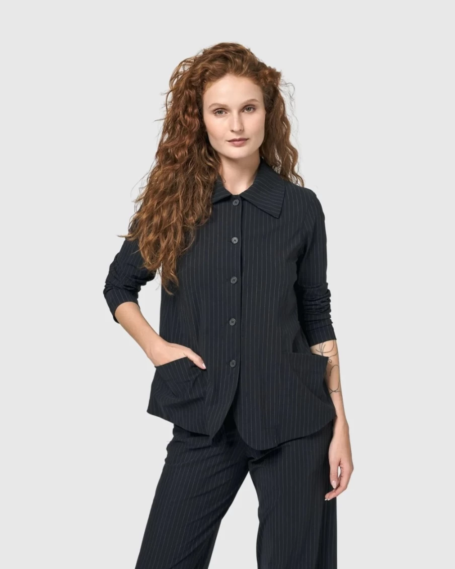 ALEMBIKA Women's Audrey Pinstripe Shirt Jacket - Stylish Casual Overshirt for Women