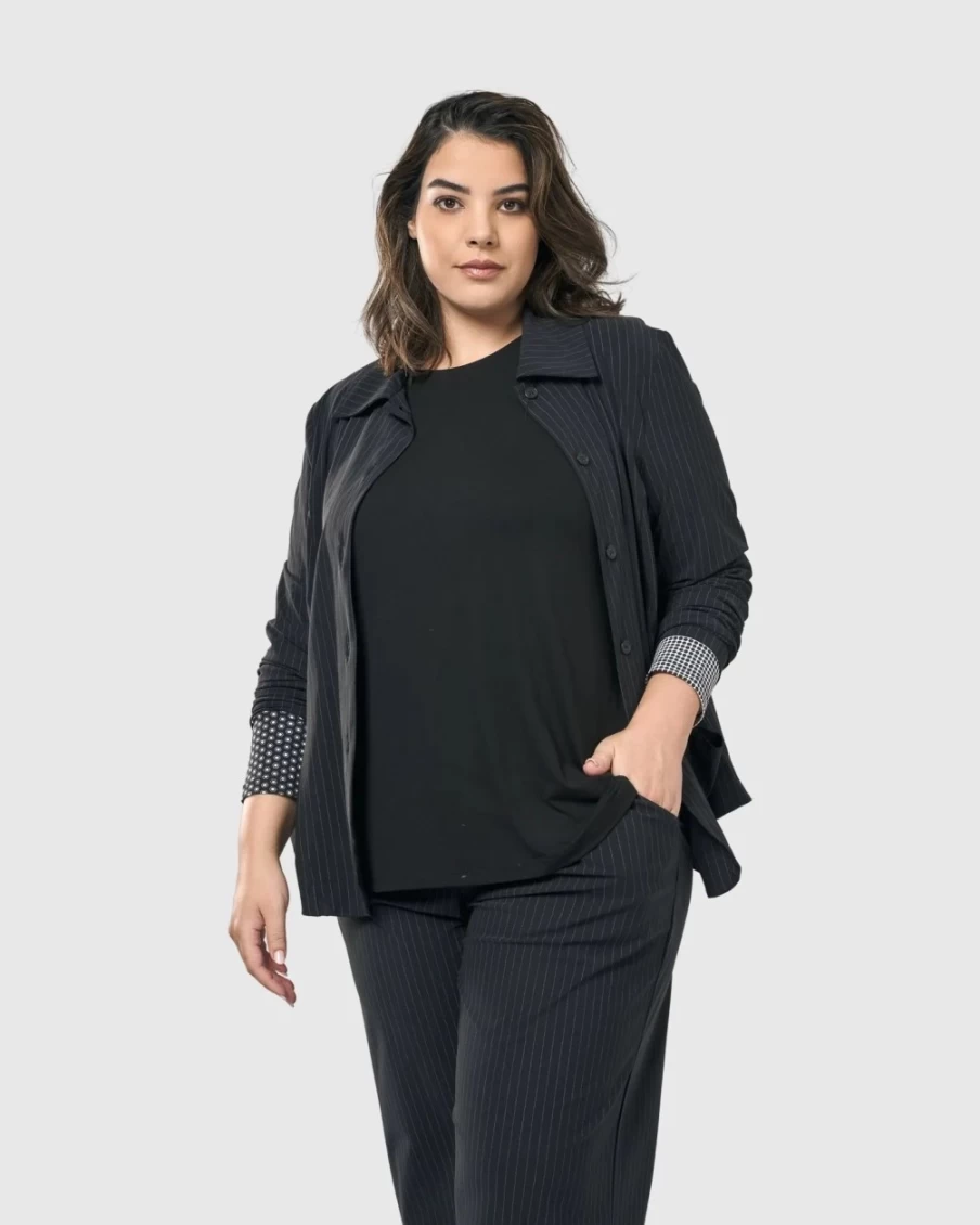 ALEMBIKA Women's Audrey Pinstripe Shirt Jacket - Stylish Casual Overshirt for Women