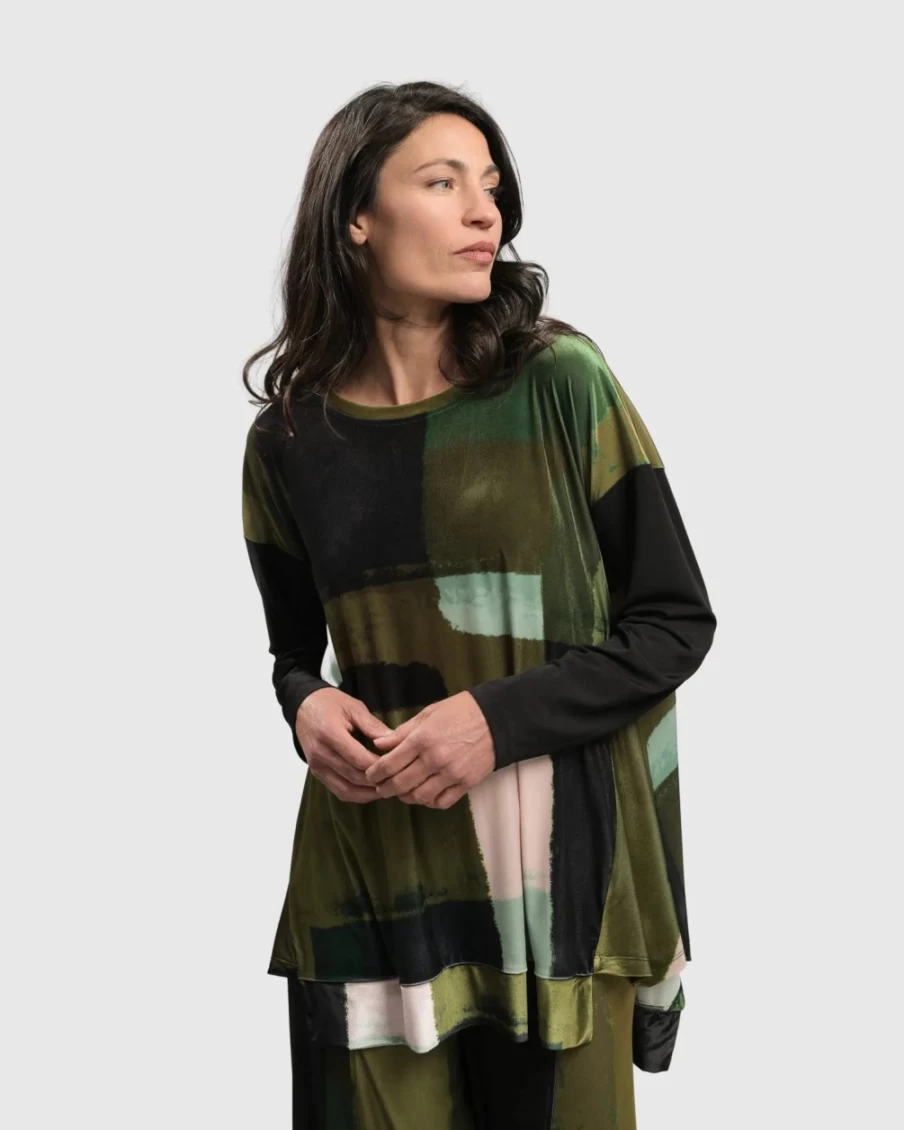ALEMBIKA Women's Olive Velvet Trapeze Top - Al Fresco Style Elegant Blouse