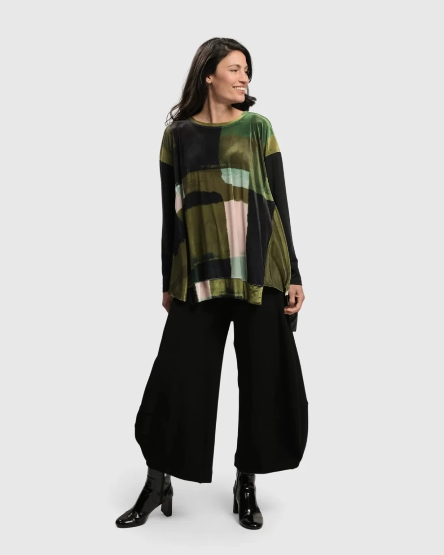 ALEMBIKA Women's Olive Velvet Trapeze Top - Al Fresco Style Elegant Blouse