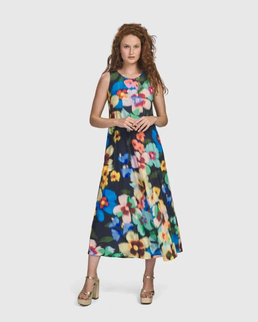 ALEMBIKA Women's Floral Forget-Me-Not Sleeveless Maxi Dress for Garden Parties and Summer Wear