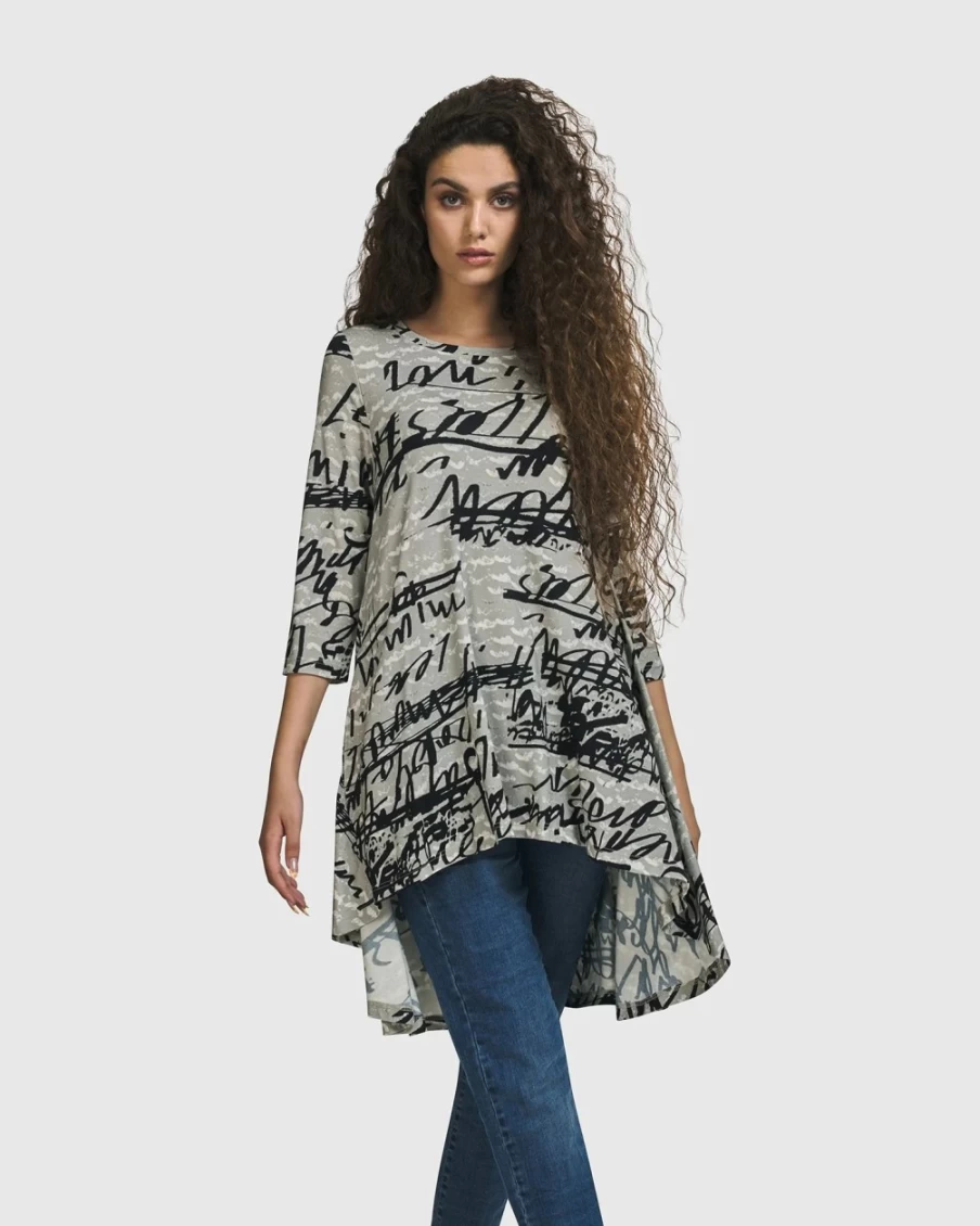 ALEMBIKA Women's Flirty Swing Tunic Top with Script Design - Stylish Casual Blouse