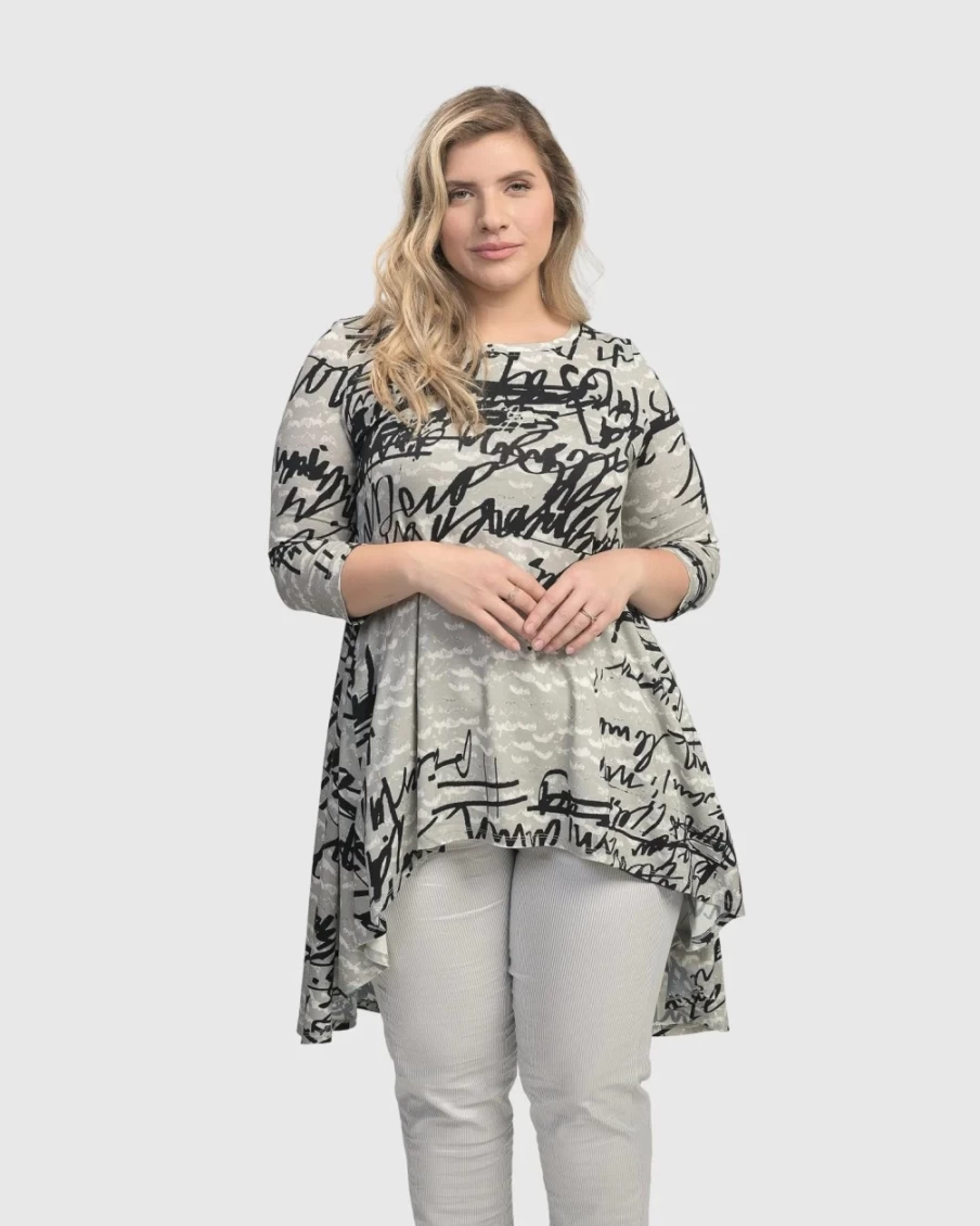 ALEMBIKA Women's Flirty Swing Tunic Top with Script Design - Stylish Casual Blouse