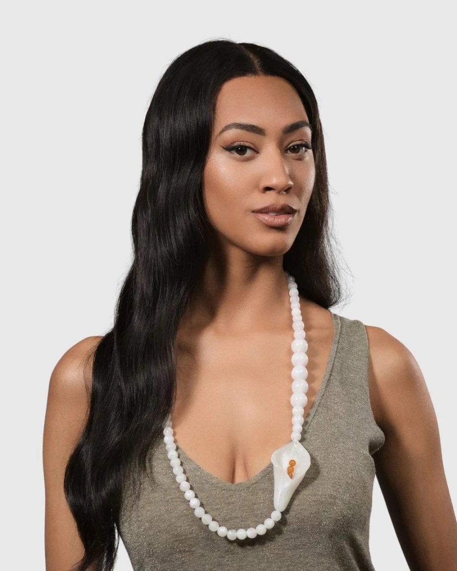 ALEMBIKA Women's Elegant White Lily Bead Necklace - Handcrafted Floral Jewelry Gift
