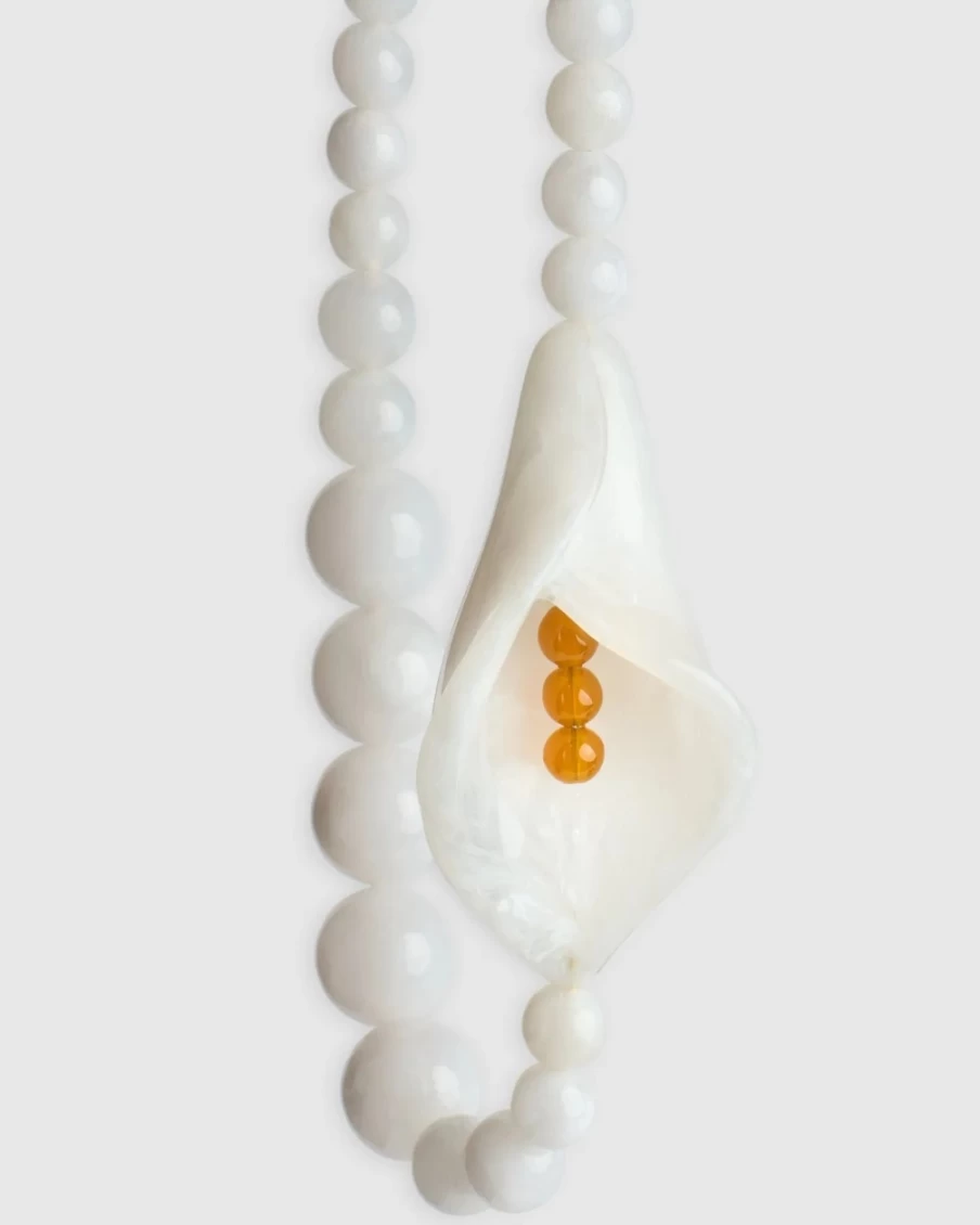 ALEMBIKA Women's Elegant White Lily Bead Necklace - Handcrafted Floral Jewelry Gift
