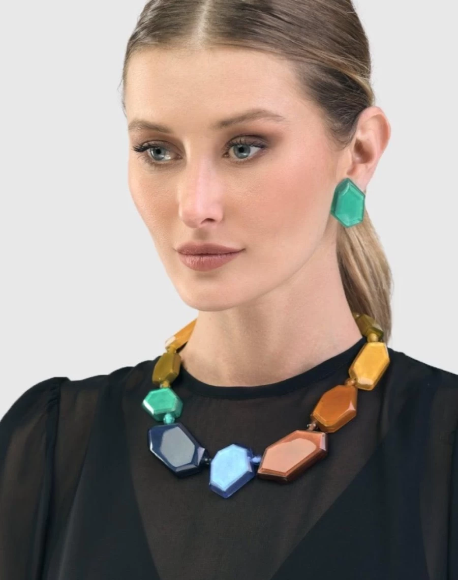 ALEMBIKA Women's Rainbow Faceted Bead Necklace - Multi Color Bohemian Statement Jewelry