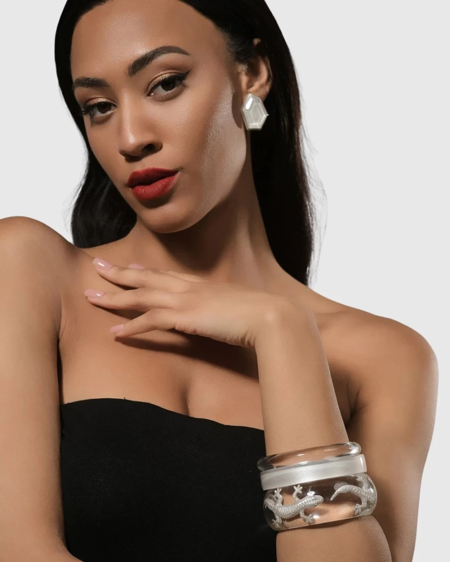 ALEMBIKA Women's Clear Rounded Bangle Bracelet – Elegant Crystal Cuff for Everyday Wear