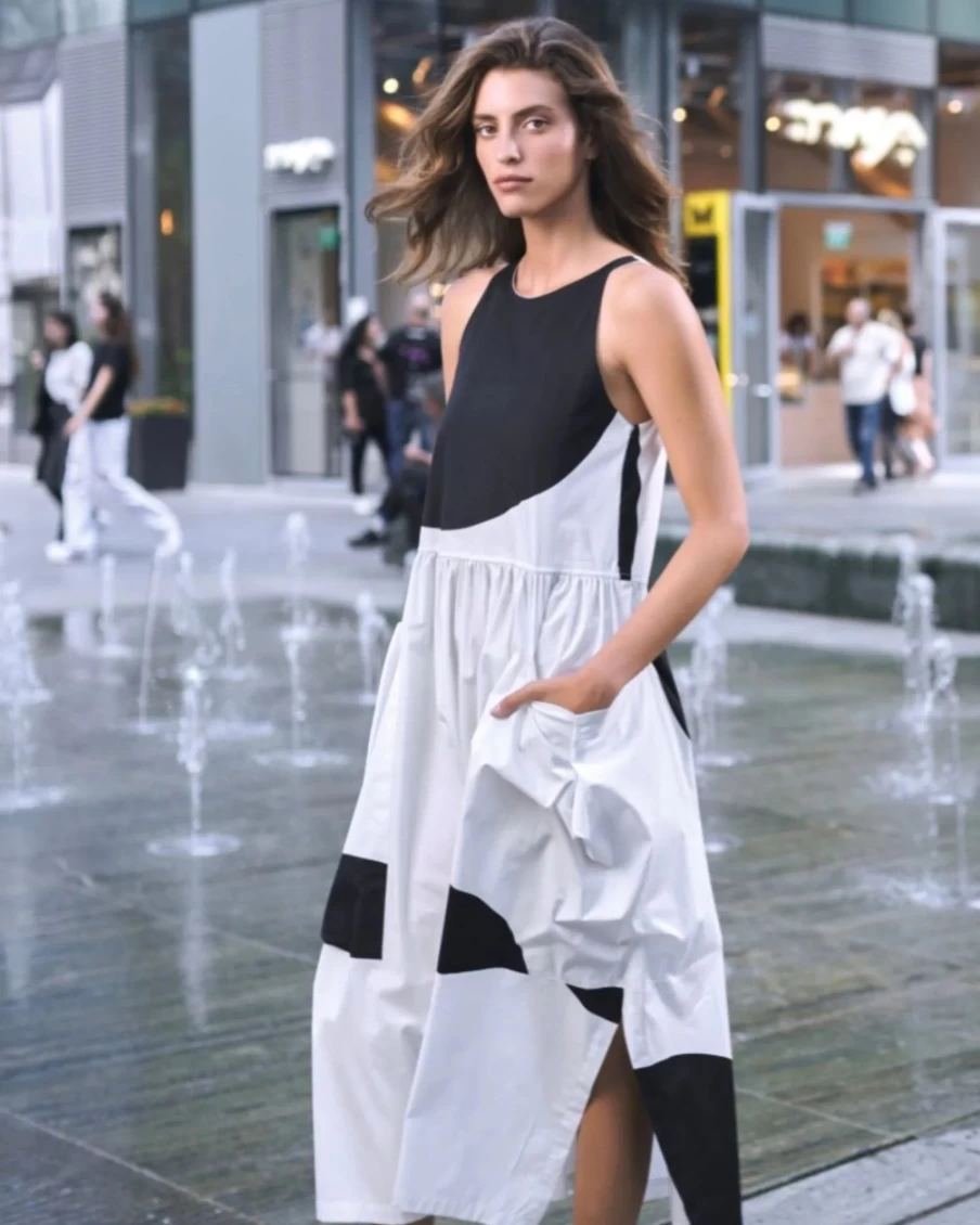 ALEMBIKA Women's Urban Harper Pocket Dress - White & Black Stylish Casual Wear