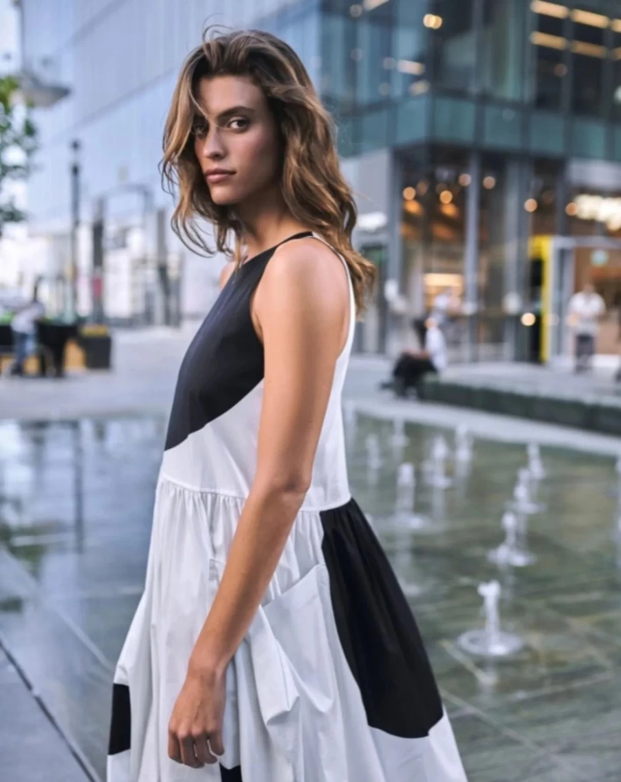 ALEMBIKA Women's Urban Harper Pocket Dress - White & Black Stylish Casual Wear