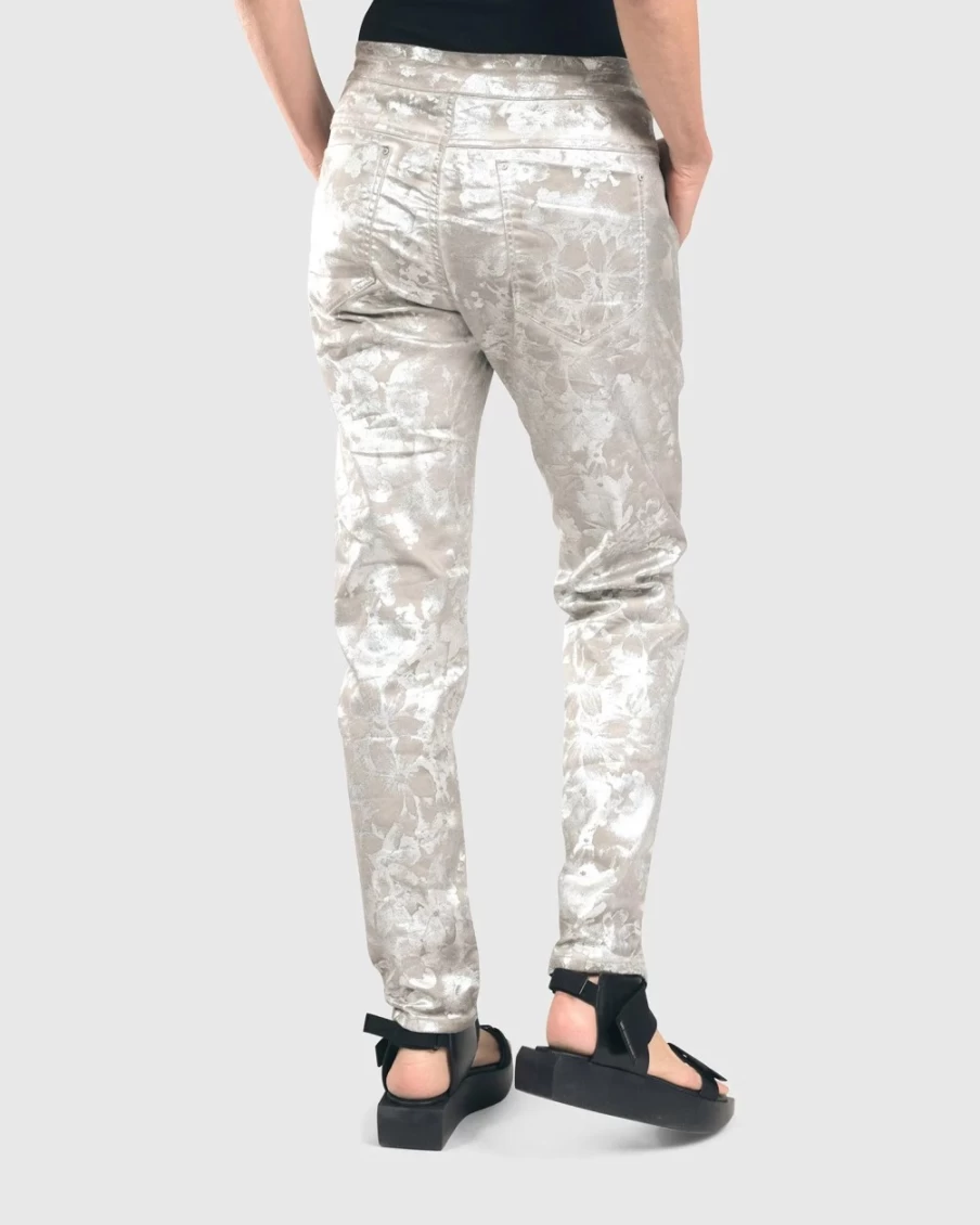 ALEMBIKA Women's Floral Embroidered Stretch Jeans in Silver - High Waist Slim Fit Denim Pants