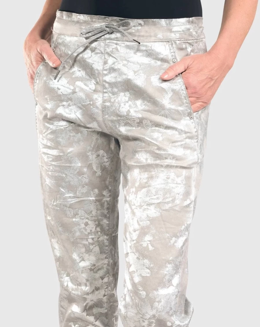 ALEMBIKA Women's Floral Embroidered Stretch Jeans in Silver - High Waist Slim Fit Denim Pants