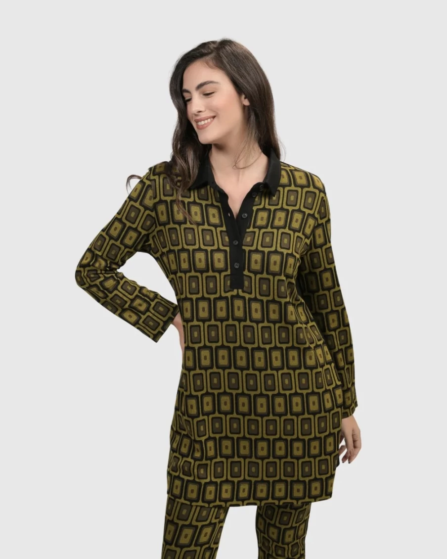 ALEMBIKA Women's Chartreuse Dynamite Days Button Down Tunic Top