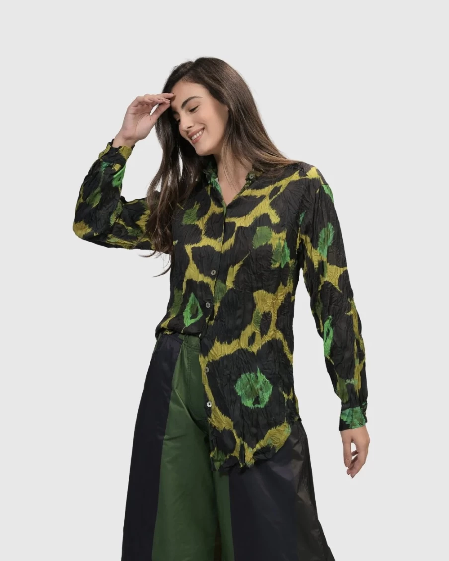 ALEMBIKA Women's Olive Martini Shirt in Emerald Green - Elegant Casual Top