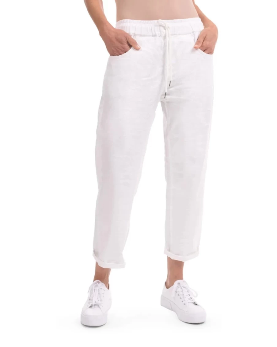 ALEMBIKA Women's White Cropped Stretch Cotton Jeans - High Waist Slim Fit Denim Pants