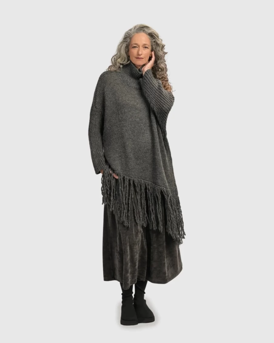 ALEMBIKA Women's Grey Urban Turtleneck Tunic Top - Elegant Long Sleeve Knit Blouse