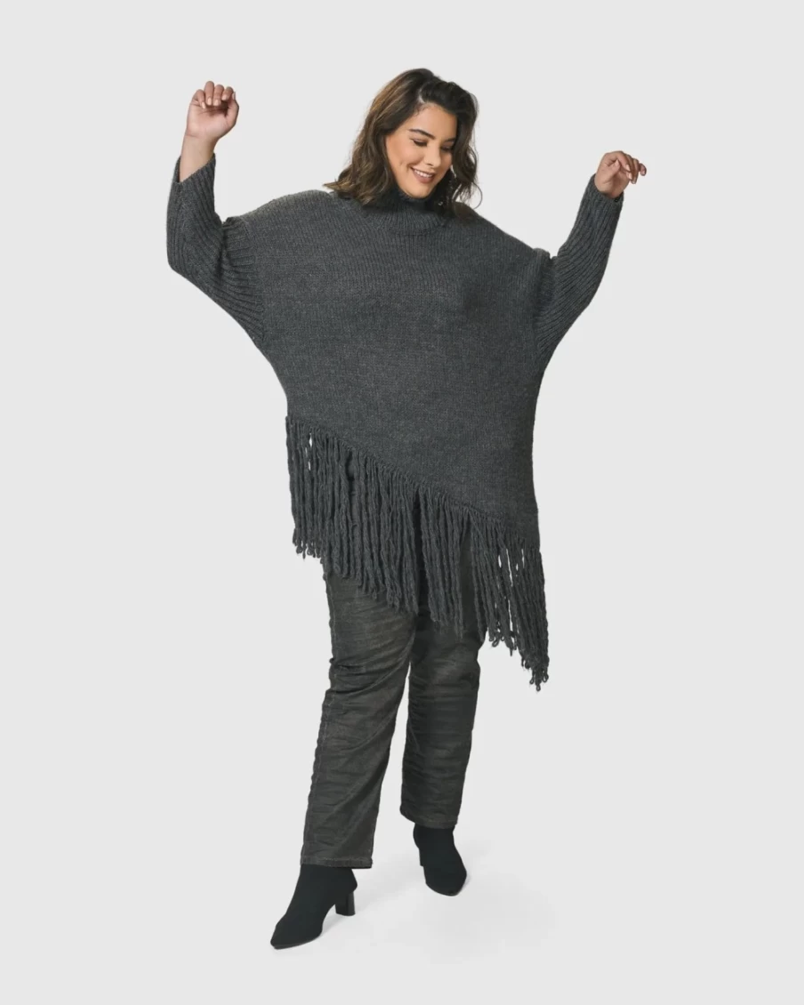 ALEMBIKA Women's Grey Urban Turtleneck Tunic Top - Elegant Long Sleeve Knit Blouse