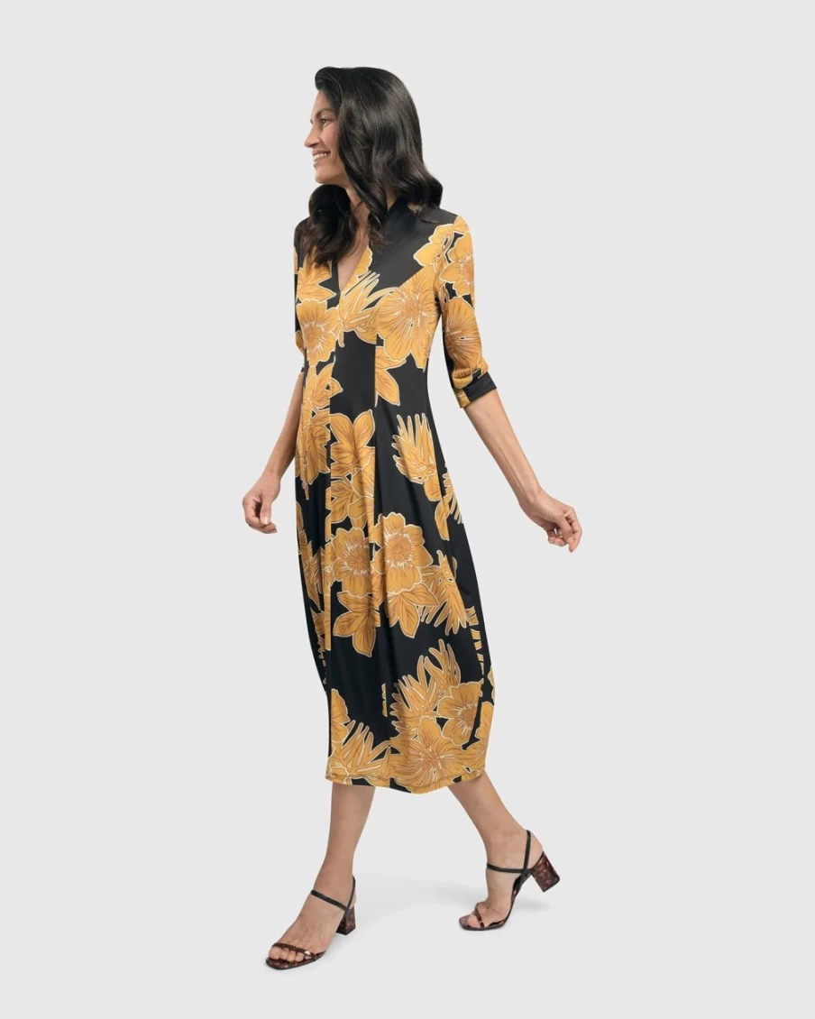 ALEMBIKA Women's Gold Island Cocoon Dress – Elegant Boho Chic Maxi Dress