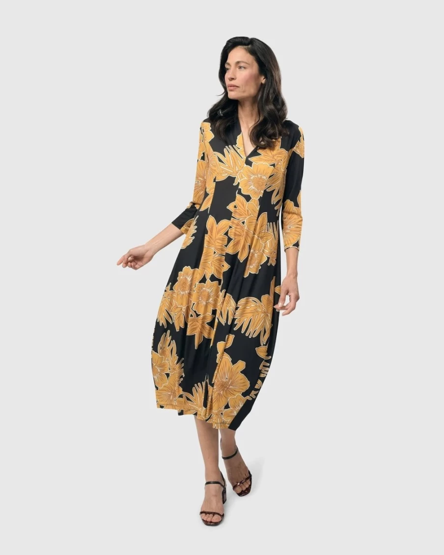 ALEMBIKA Women's Gold Island Cocoon Dress – Elegant Boho Chic Maxi Dress