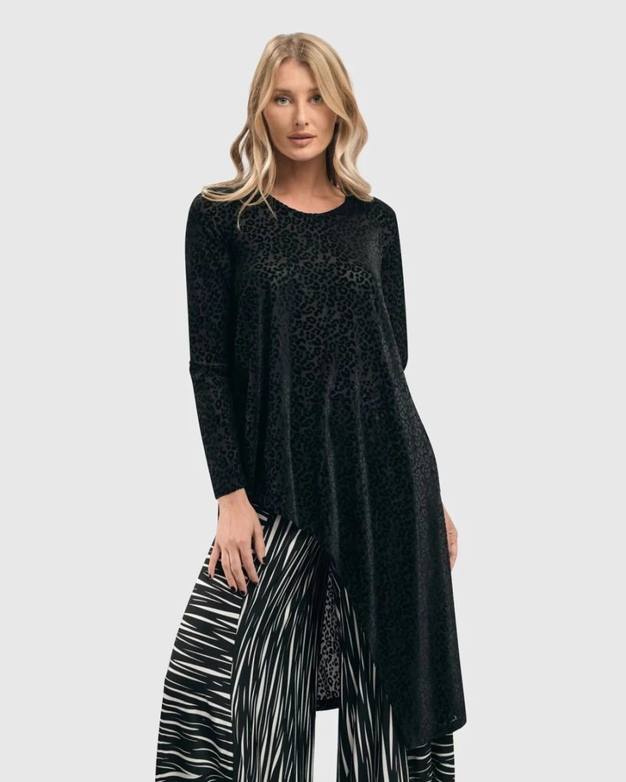 ALEMBIKA Women's Leo Flocked Velvet Hi-Lo Hem Tunic Top in Black