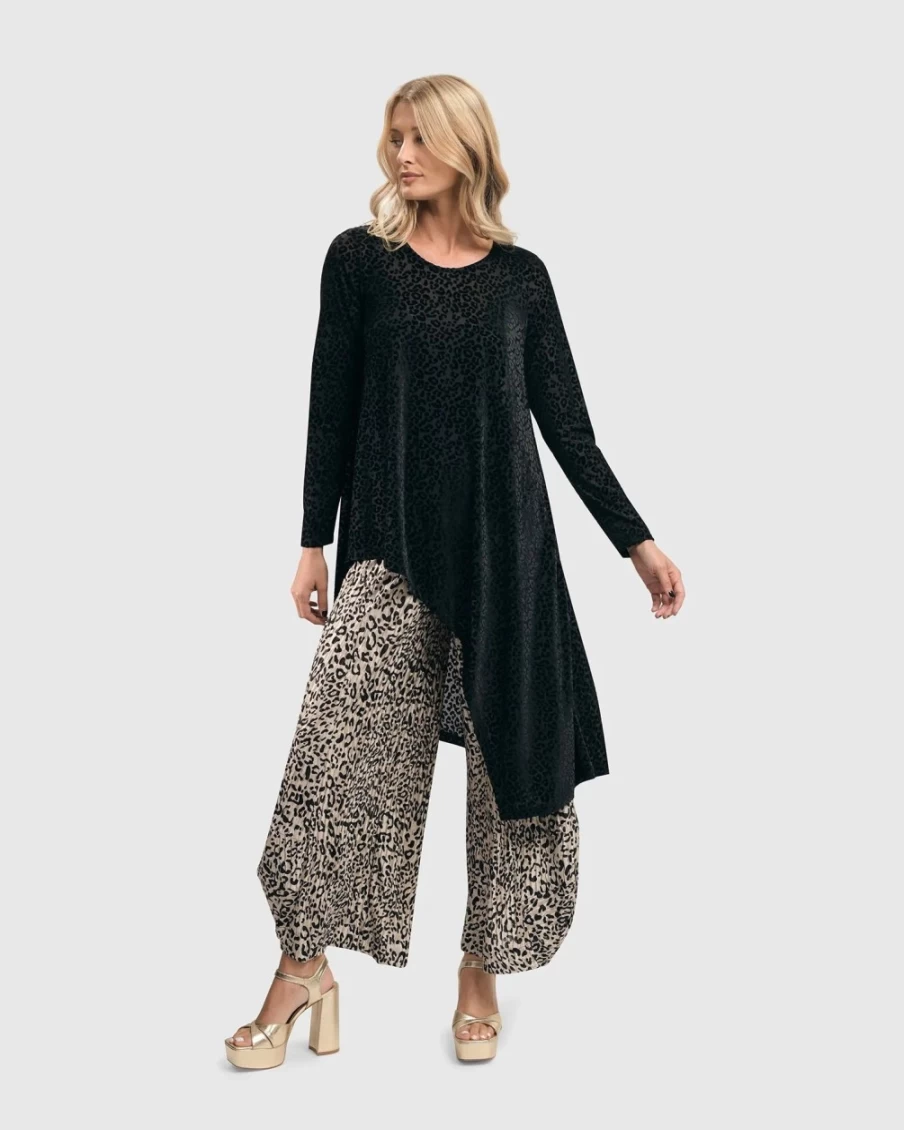 ALEMBIKA Women's Leo Flocked Velvet Hi-Lo Hem Tunic Top in Black