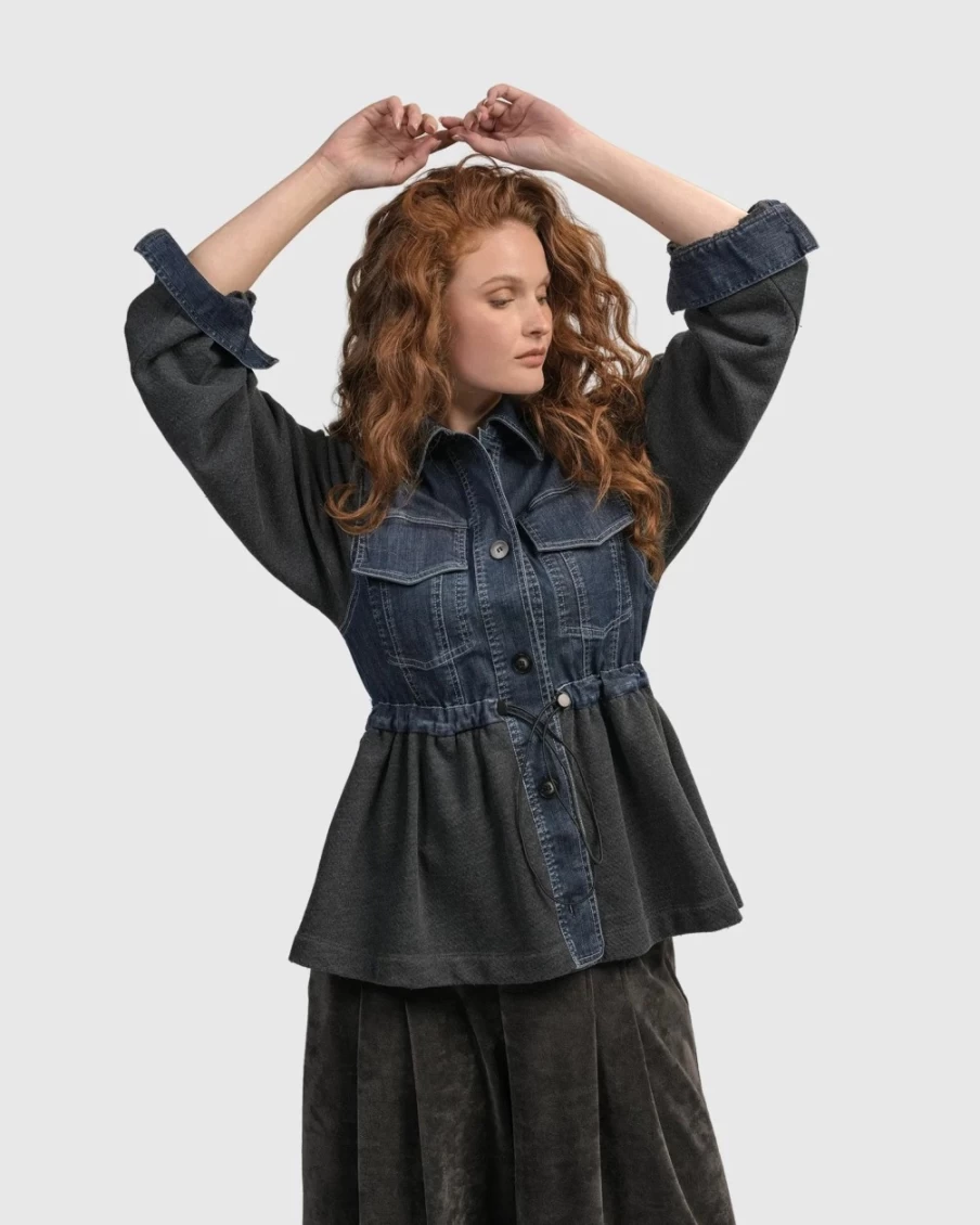 ALEMBIKA Women's Urban Strut Ruched Denim Jacket - Stylish Fitted Stretch Jean Coat