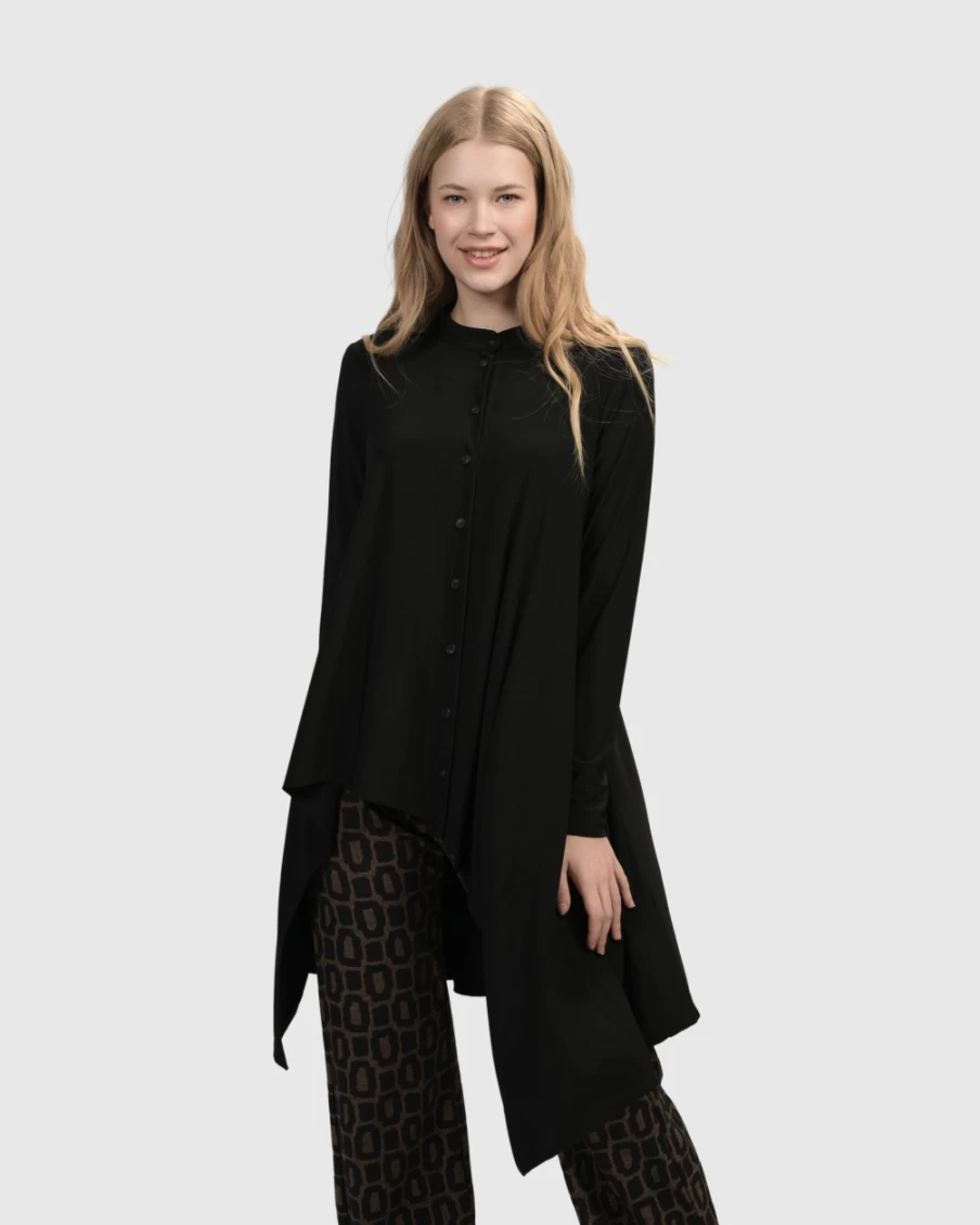 ALEMBIKA Women's Black Essential Hi-Lo Button Down Blouse