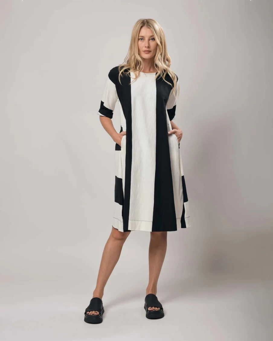 ALEMBIKA Women's Urban Anna White and Black Striped A-Line Dress