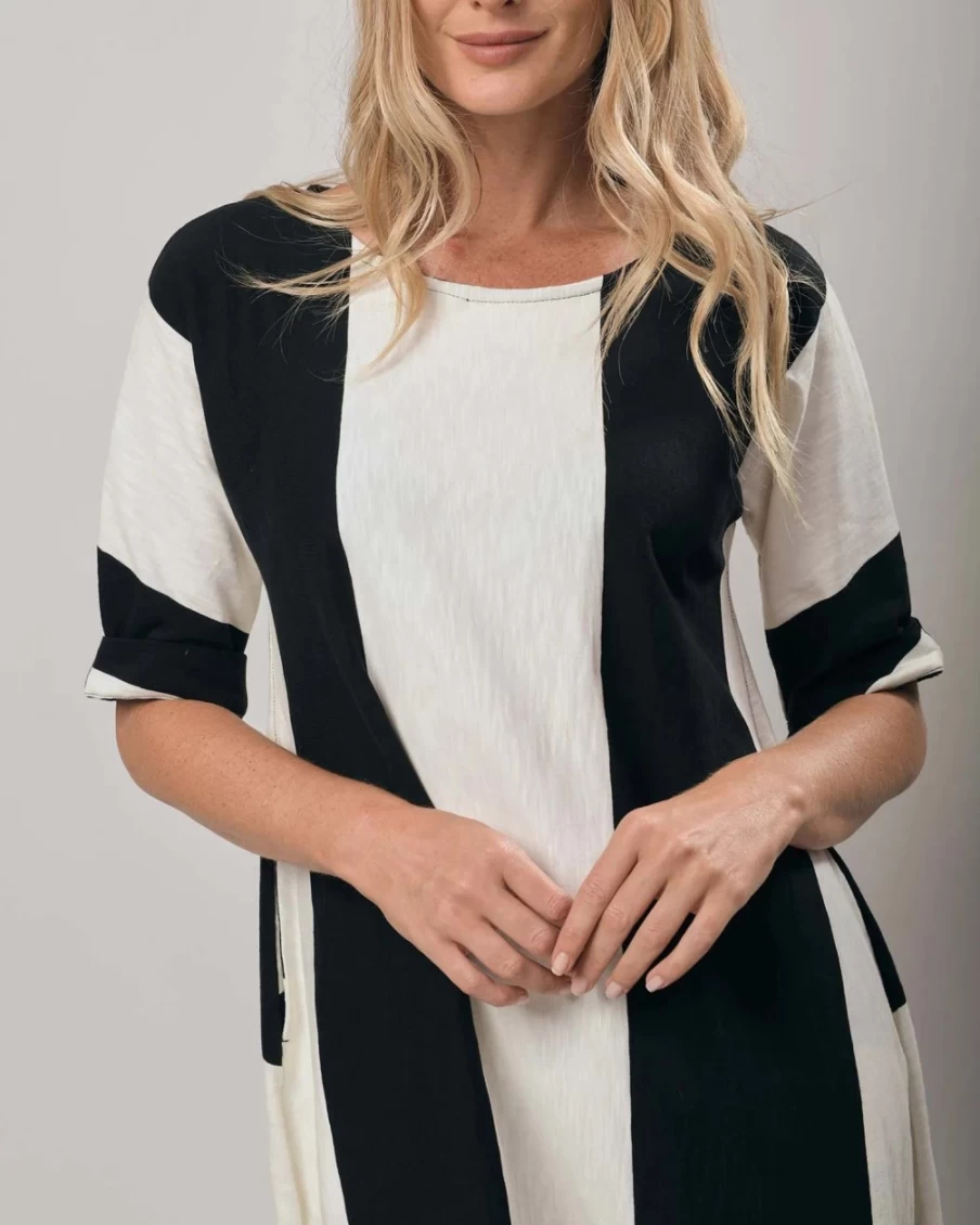 ALEMBIKA Women's Urban Anna White and Black Striped A-Line Dress
