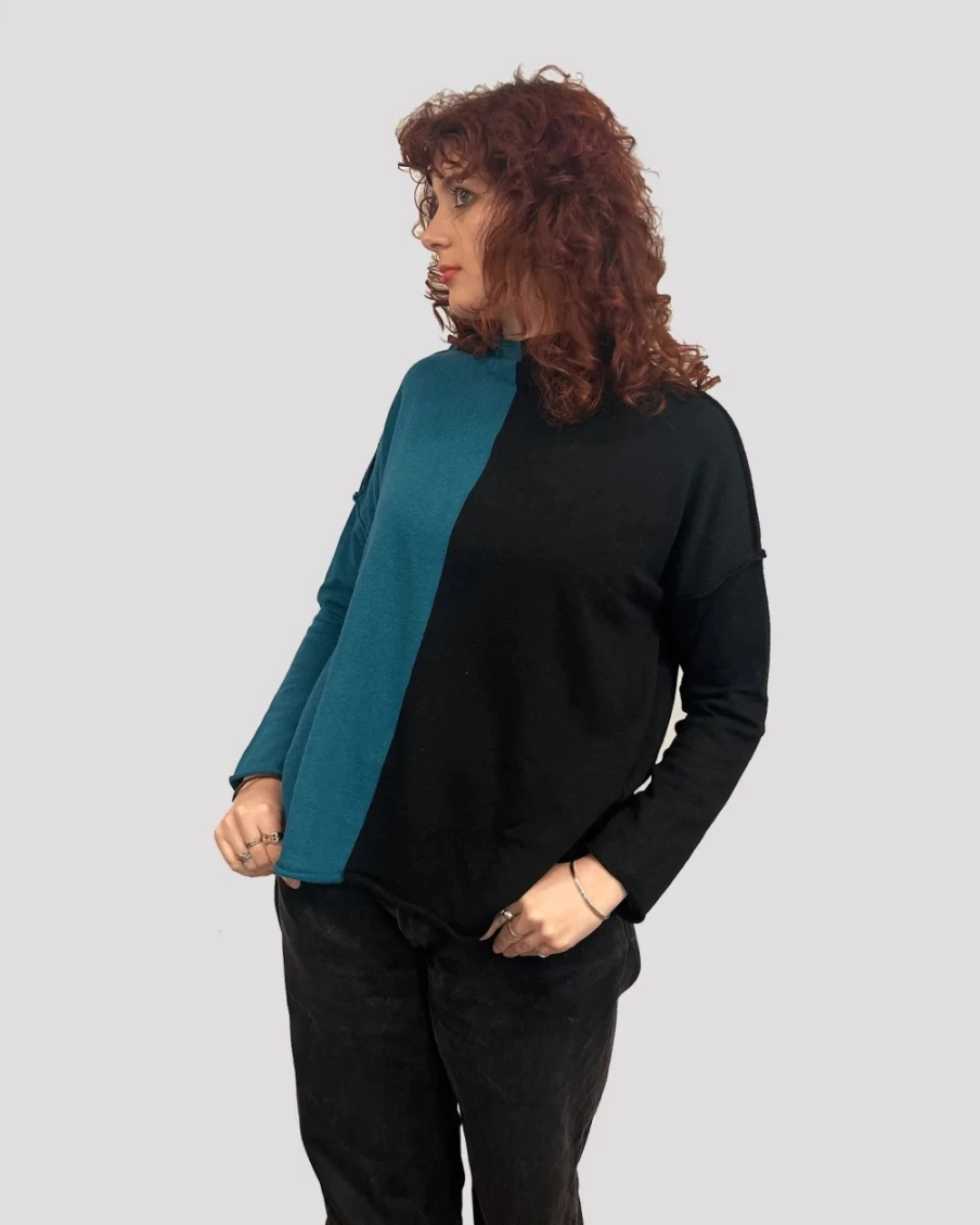 ALEMBIKA Women's Ozai N Ku Split Screen Sweater in Petrol - Stylish Casual Knit Top