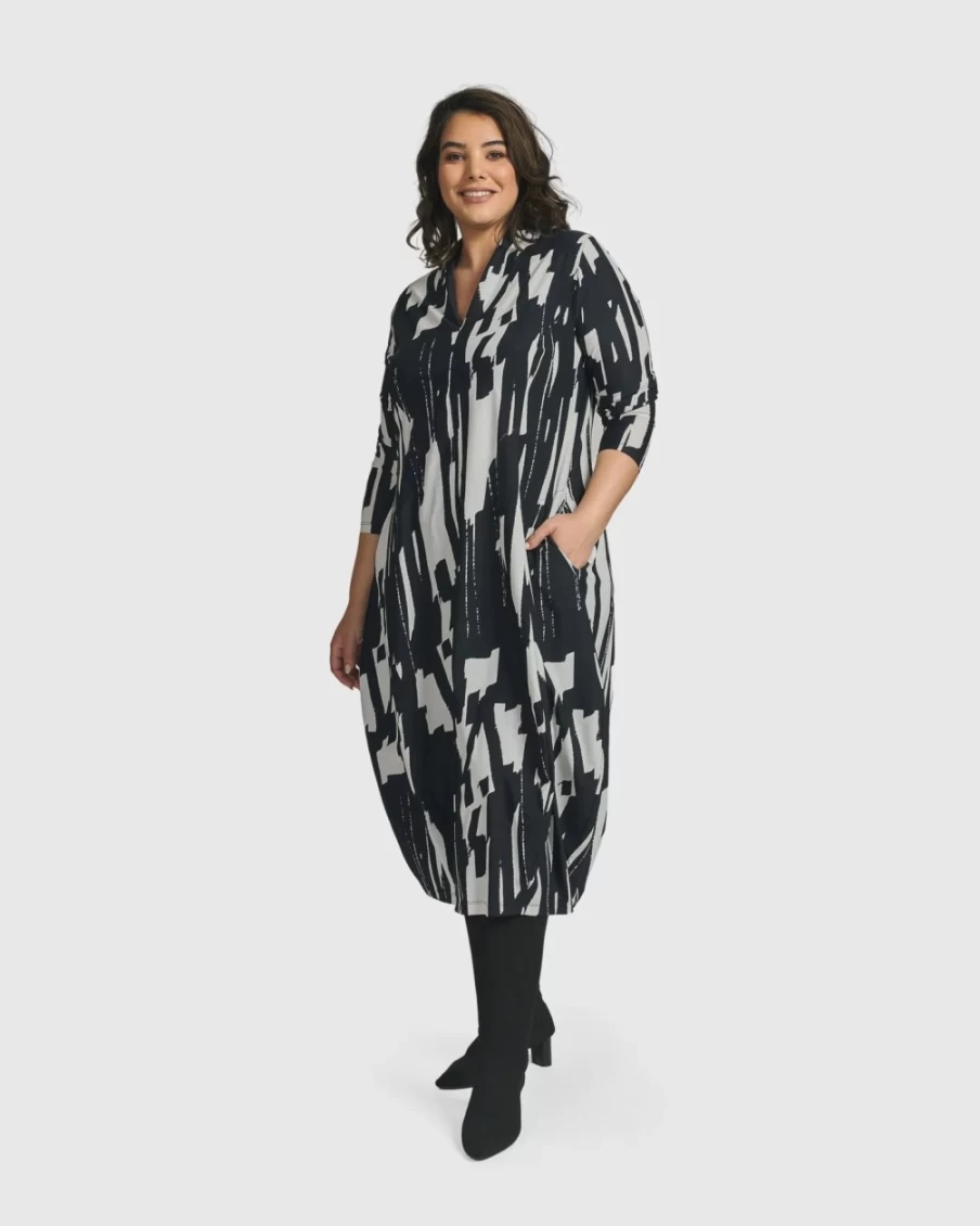ALEMBIKA Women's Cyber Cocoon Dress - Futuristic Brush Design Elegant Maxi Dress